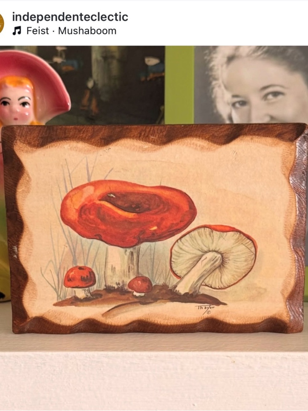 Eclectic Hand-Painted Red Mushroom wooden Art by